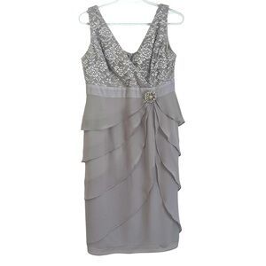Silver Lace Chiffon Dress S Glam Formal Gown w/ Brooch Mother of the Bride Prom